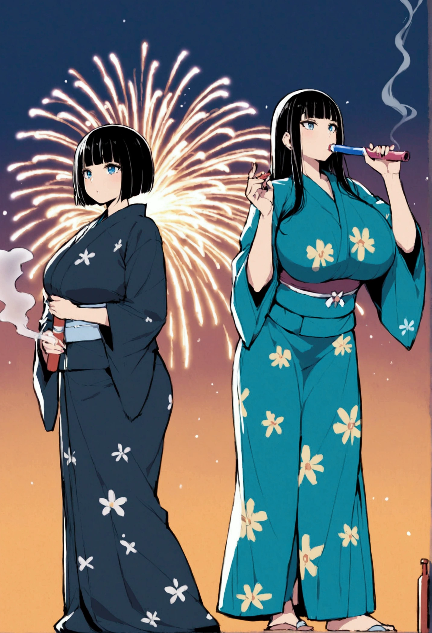 Hime cut with long black hair、Full-body illustration of a girl with straight bangs and blue eyes、Have big breasts、Wearing a yukata、Watching fireworks、Smoking a smoke tube、