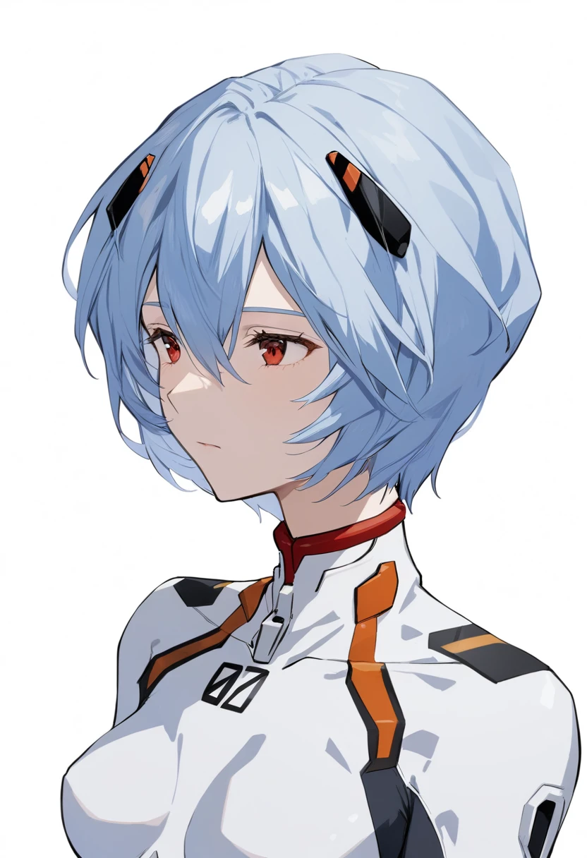 One girl, Ayanami Rei, alone, Red eyes, Plug Suit, short hair, Blue Hair, chest, Bodysuits, Upper Body, White Background, white Bodysuits, Simple Background, Interface Headset, bangs, Mouth closed, Hair between the eyes, medium chest, medium quality, slow, 