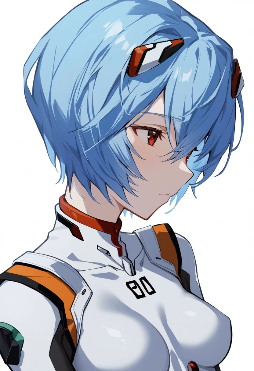 One girl, Ayanami Rei, alone, Red eyes, Plug Suit, short hair, Blue Hair, chest, Bodysuits, Upper Body, White Background, white Bodysuits, Simple Background, Interface Headset, bangs, Mouth closed, Hair between the eyes, medium chest, medium quality, slow, 