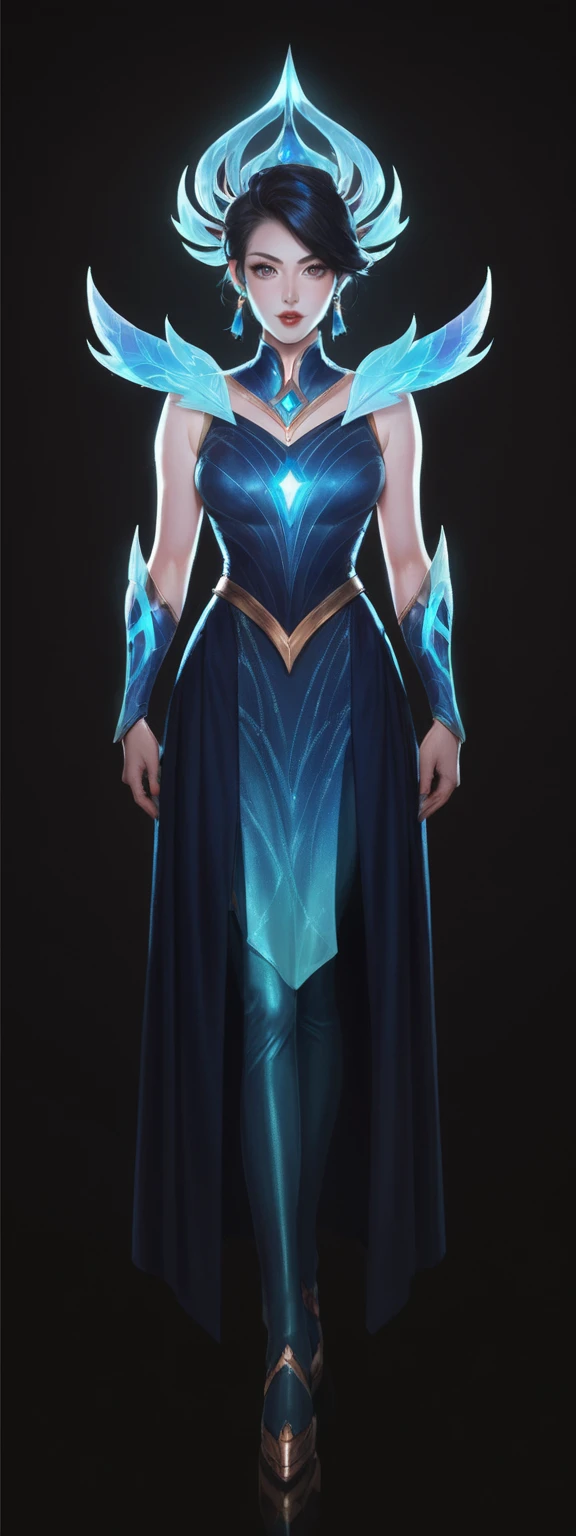 realistic, score_9, score_8_up, score_7_up, score_6_up, 
1girl, solo, from front, full body, Veigar \(league of legends\),  black background, makeup, sidelighting, backlighting, glowing,