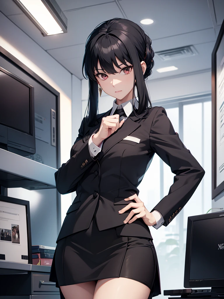 Yor foger form spy x family anime, 1woman, wearing a office suit, black colour office suit, tight skirt, at an office room, yor's hair style, 8k, high detailed, high quality