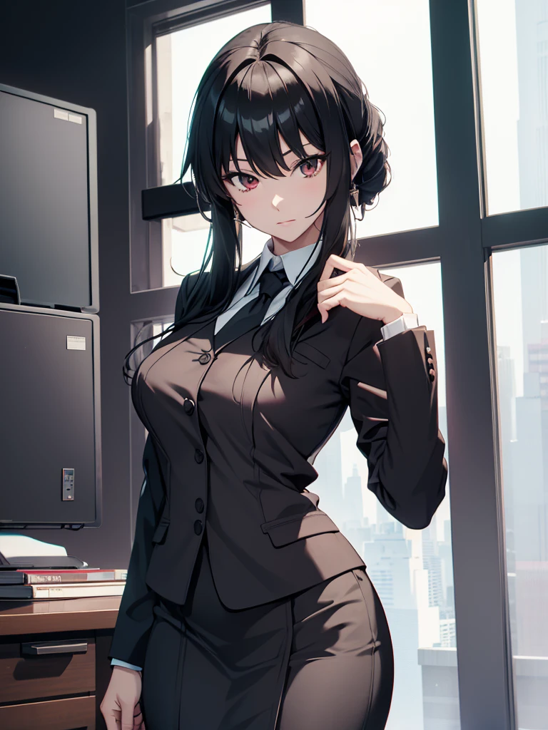 Yor foger form spy x family anime, 1woman, wearing a office suit, black colour office suit, tight skirt, at an office room, yor's hair style, 8k, high detailed, high quality