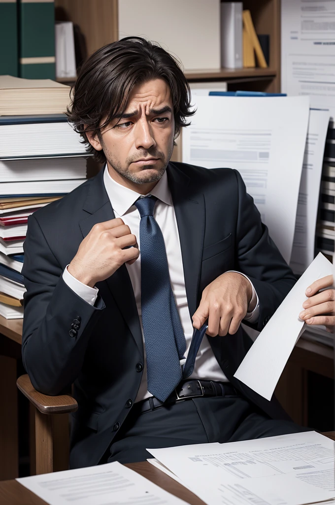 Create an image of an exhausted businessman with a tired expression, surrounded by piles of documents. The setting should be a cluttered office with papers scattered around, conveying a stressful atmosphere."