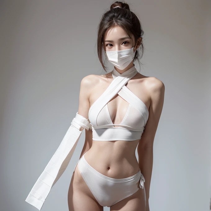 naked，Bandage wrapped around chest，big breasts，whole body，Bandage wrapped around hip，Long legs，Soaked all over.，Tied up，Injuries，There are details.，，Wrap a cloth over your mouth.