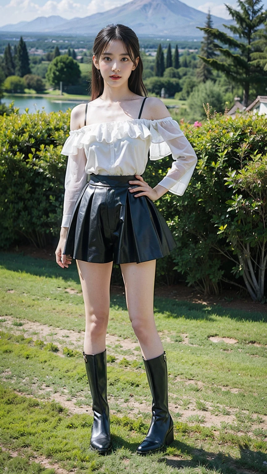 (8k、RAW Photos、Highest quality、masterpiece:1.2)、(Highest quality、Realistic)、1 Girl、((Frills、Black shorts、leather、Blonde、Off the shoulder、Idol Costume、ribbon、See-through、Thin legs、whole body、boots、garden、View from the front、Looking into the camera、Stand with hands on hips))、cute