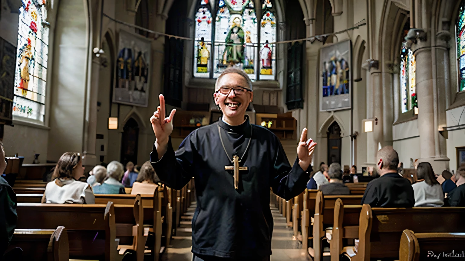 A church lit by rays of sunlight that pass through colorful stained glass windows, with different people sitting in the pews, looking forward with expressions of hope. Focus on a smiling priest in the pulpit, with his hands extended in a gesture of welcome. Photorealism style, high resolution.((melhor qualidade)), ((obra de arte)), (detalhado),