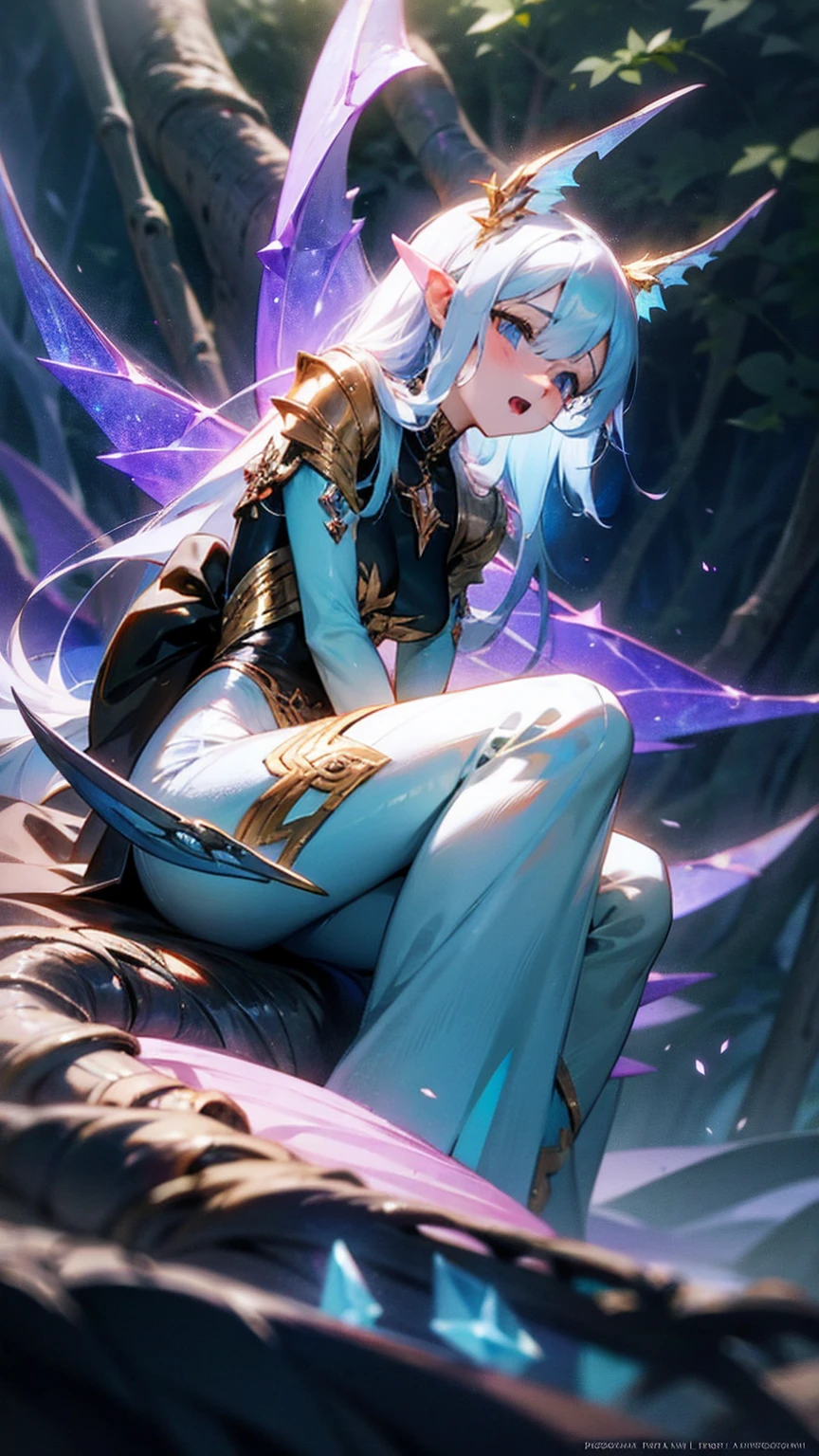 a beautiful dragon girl with crystal-like skin, pointy elf ears, detailed face, long flowing hair, elegant dress, fantasy fairy forest background, cinematic lighting, hyper detailed, award winning digital art, 8k, photorealistic