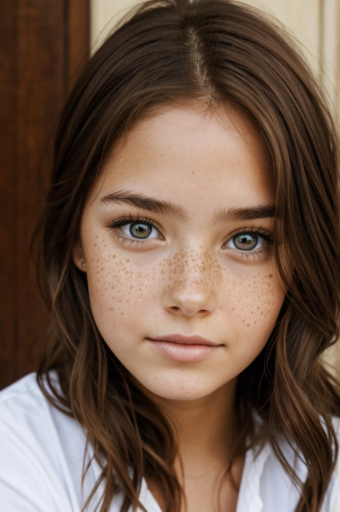 A girl with brown hair, brown eyes and freckles 