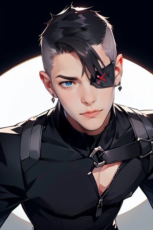 1 male, has eye cover with eye patch, (tall man, slim, manly, dominate,  shaved head, tough, wearing a goth outfit, has 1 earring.) best quality, ultra-detailed, illustration, complex, detailed, extremely detailed, detailed face, soft light, soft focus, perfect face, illustration: Full Body