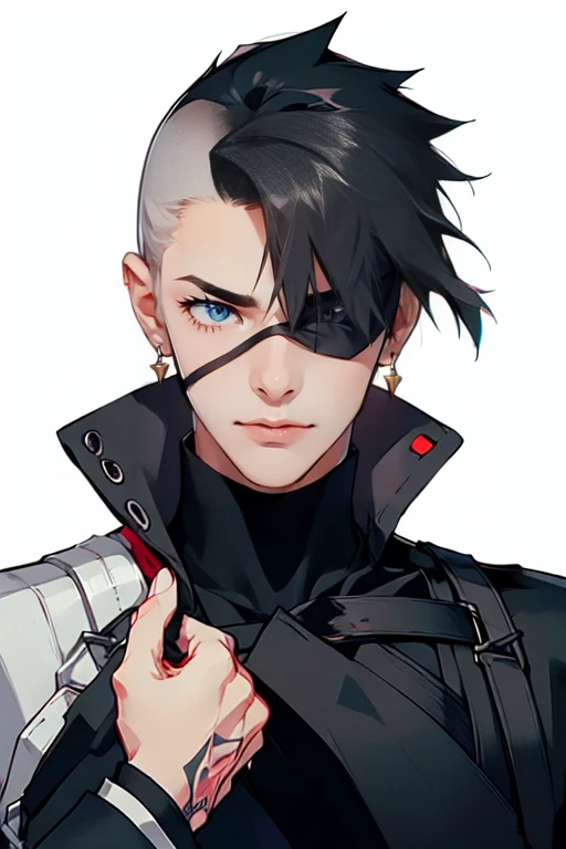 1 male, has eye cover with eye patch, (tall man, slim, manly, dominate,  shaved head, tough, wearing a goth outfit, has 1 earring.) best quality, ultra-detailed, illustration, complex, detailed, extremely detailed, detailed face, soft light, soft focus, perfect face, illustration: Full Body