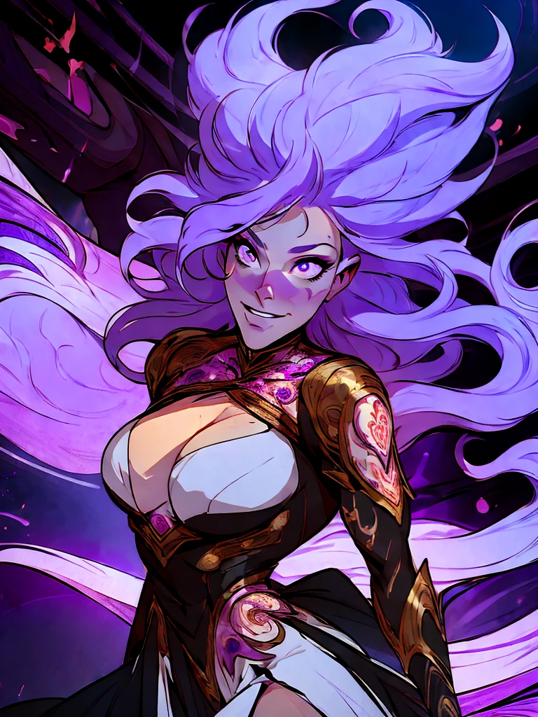 official arts, 8k unity wallpaper, ultra-detailed, beautiful and aesthetically pleasing, masterpiece, best quality, (fractal art: 1.3),female, 1 girl, magic woman, purple eyes, misterious smile, tall woman, very muscular, action move, attack movement, suspicios face, wavy messy white hair, black dress