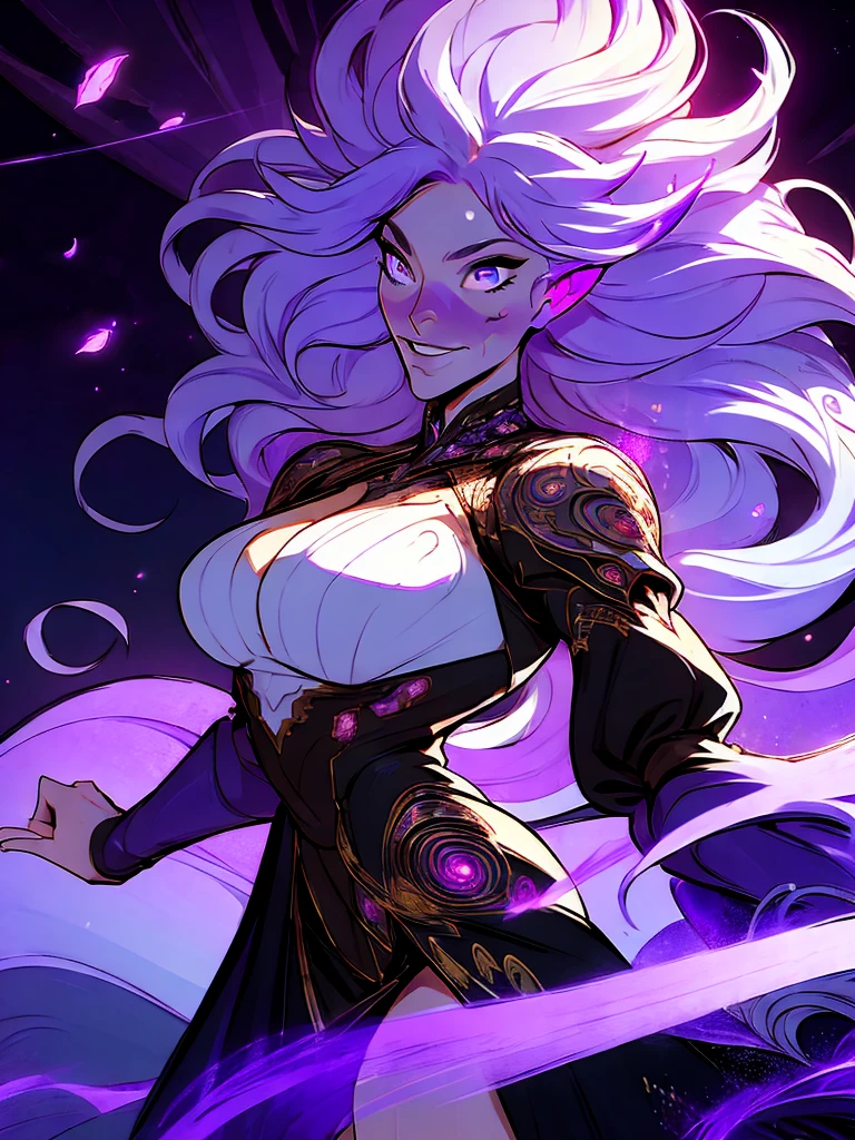 official arts, 8k unity wallpaper, ultra-detailed, beautiful and aesthetically pleasing, masterpiece, best quality, (fractal art: 1.3),female, 1 girl, magic woman, purple eyes, misterious smile, tall woman, very muscular, action move, attack movement, suspicios face, wavy messy white hair, black dress