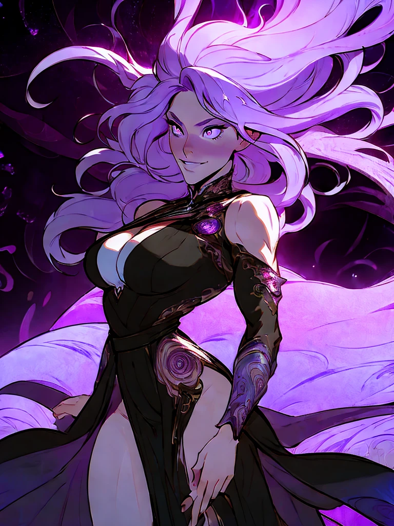 official arts, 8k unity wallpaper, ultra-detailed, beautiful and aesthetically pleasing, masterpiece, best quality, (fractal art: 1.3),female, 1 girl, magic woman, purple eyes, misterious smile, tall woman, very muscular, action move, attack movement, suspicios face, wavy messy white hair, black dress