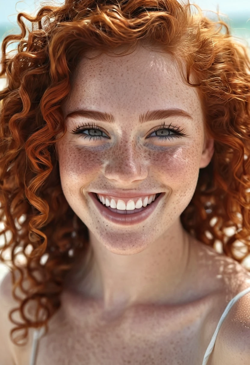 beautyfull curly redhead girl,big smile, little freckles, realistic portrait masterpiece,best quality,ultra_detailed,bellissima,1girl, solo, half body, ((naked girl)) full body in the beach