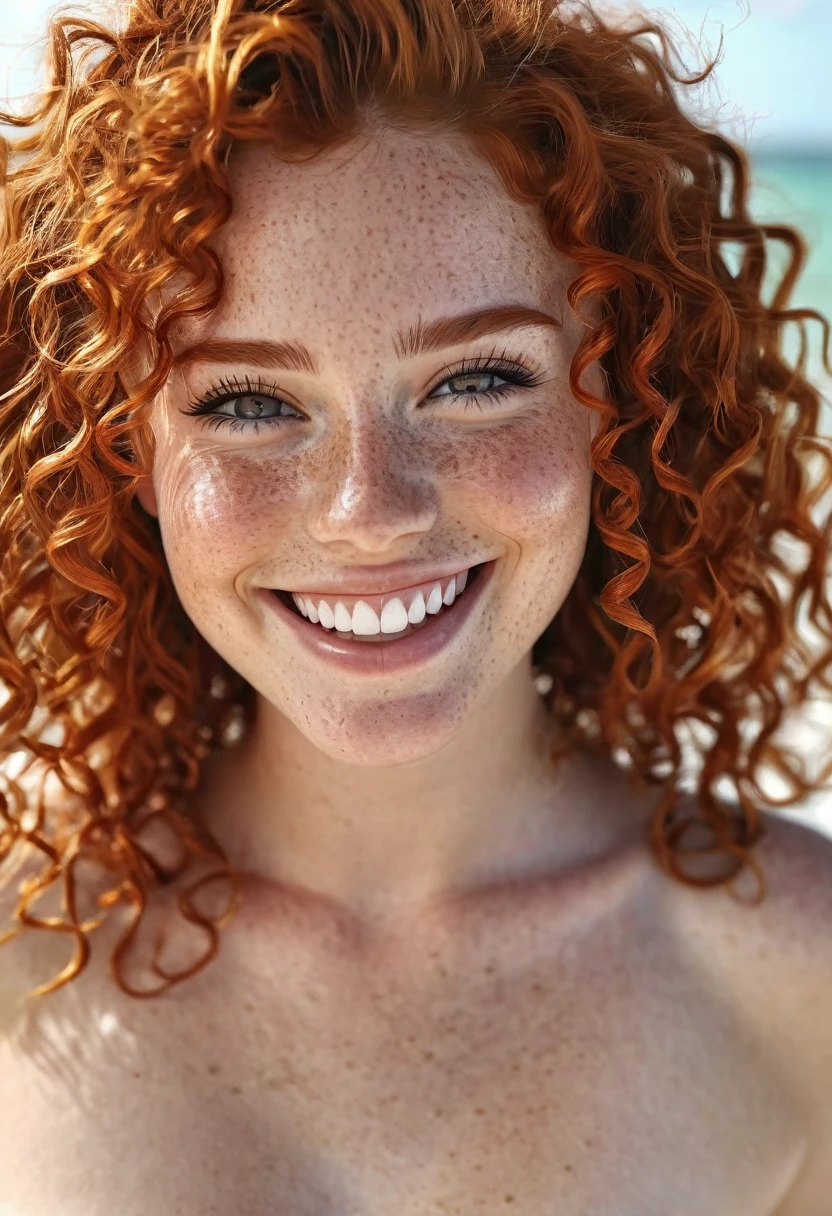 beautyfull curly redhead girl,big smile, little freckles, realistic portrait masterpiece,best quality,ultra_detailed,bellissima,1girl, solo, half body, ((naked girl)) full body in the beach