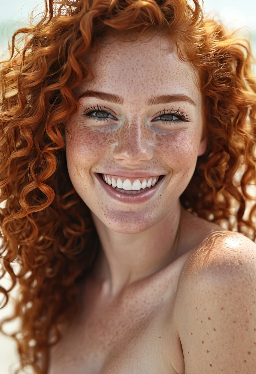beautyfull curly redhead girl,big smile, little freckles, realistic portrait masterpiece,best quality,ultra_detailed,bellissima,1girl, solo, half body, ((naked girl)) full body in the beach