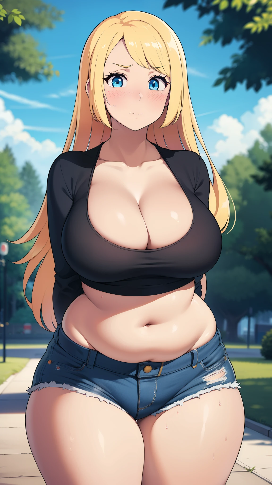 ((highres)), Masterpiece, high quality, best quality, beautiful, perfect lighting, detailed face, ultra cute face, cowboy shot, ((1girl)), ((solo)),

long hair, fluffy hair, blonde hair, blue eyes, ((blush)), embarrassed, nervous, shy, looking at viewer, arms behind back, crop top, shorts, thick thighs, (wide hips), (chubby), chubby belly, cleavage, ((large breasts)), 

20 year old female, standing in a park, (park), daytime,
