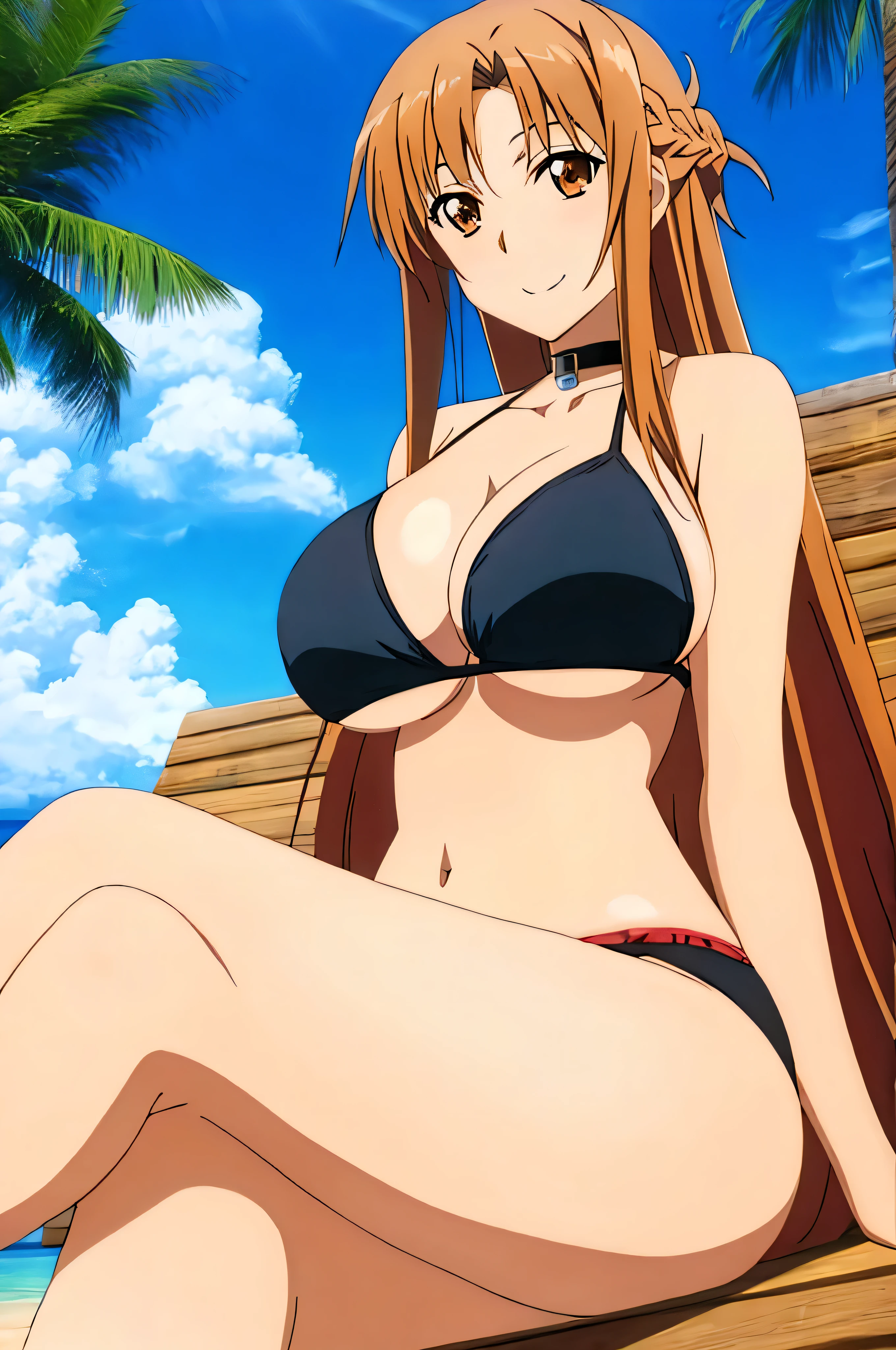 asuna, solo, long_hair, brown hair, breasts, looking_at_viewer, smile, large_breasts, cleavage, bare_shoulders, sitting, very_long_hair, brown_eyes, collarbone, choker, crossed_legs, black underwear, from_below, breasts, large breasts, big breasts, huge breasts, big tits, giant breasts, small bikini, bikini, bare shoulders, bare arms, beach, ocean, underboob