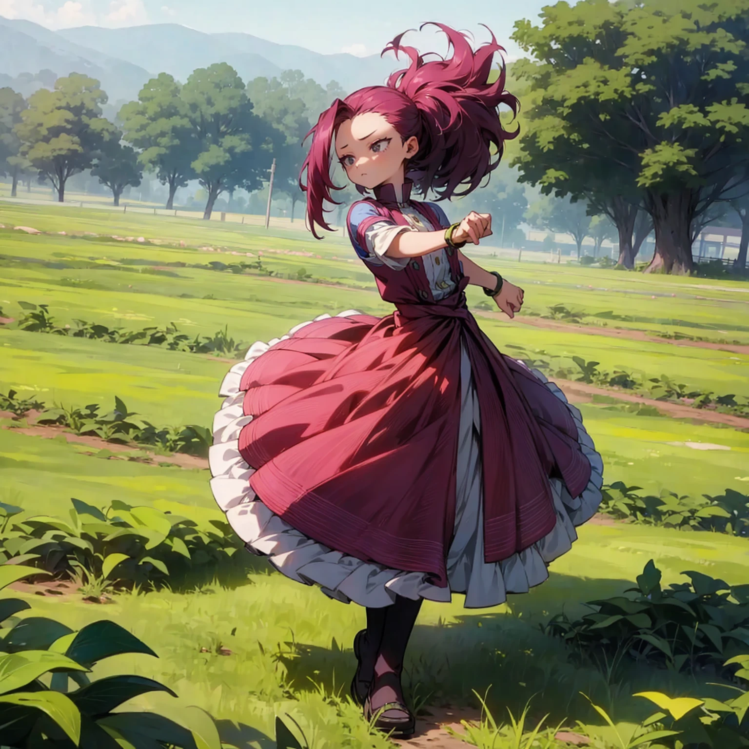 1childern girl, Full body version, 1character, black eyes, big eyes type, short Curly haircut, magenta color hair, Farmer style clothing, blue colour clothing, bracelet, Grassroots, background in field, motion blur, (kimetsu no yaiba style art)