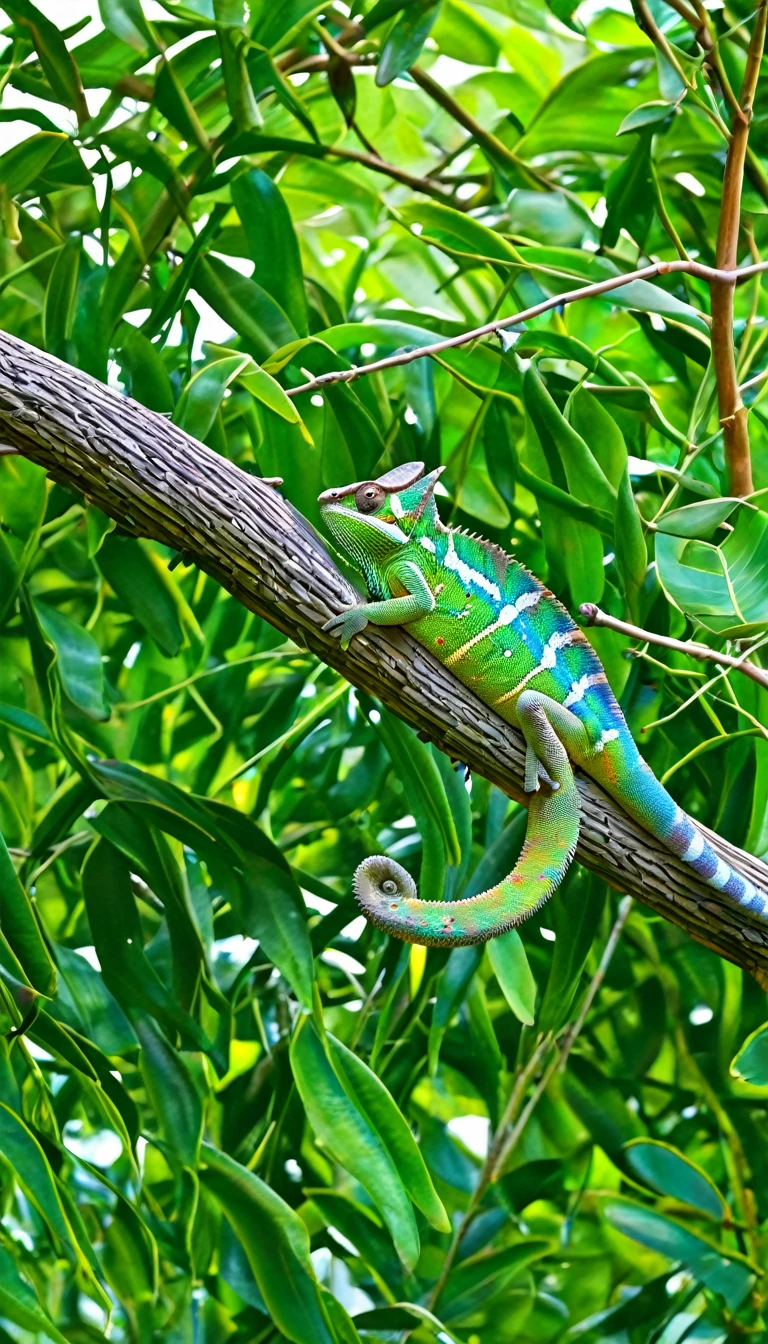 A chameleon watching a butterfly resting on a tree branch