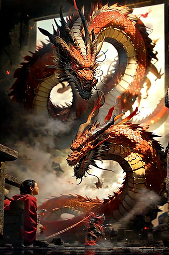 Dragon made of pure fire turned slightly to the right, made of pure fire, facing slightly to the right, close up, red dragon, dragon extremely close to the viewer, open mouth, Chinese Dragon,