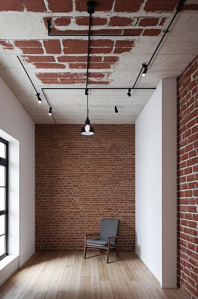 Create a room with a red brick wall, a black wall and a white wall that the ceiling is also white 