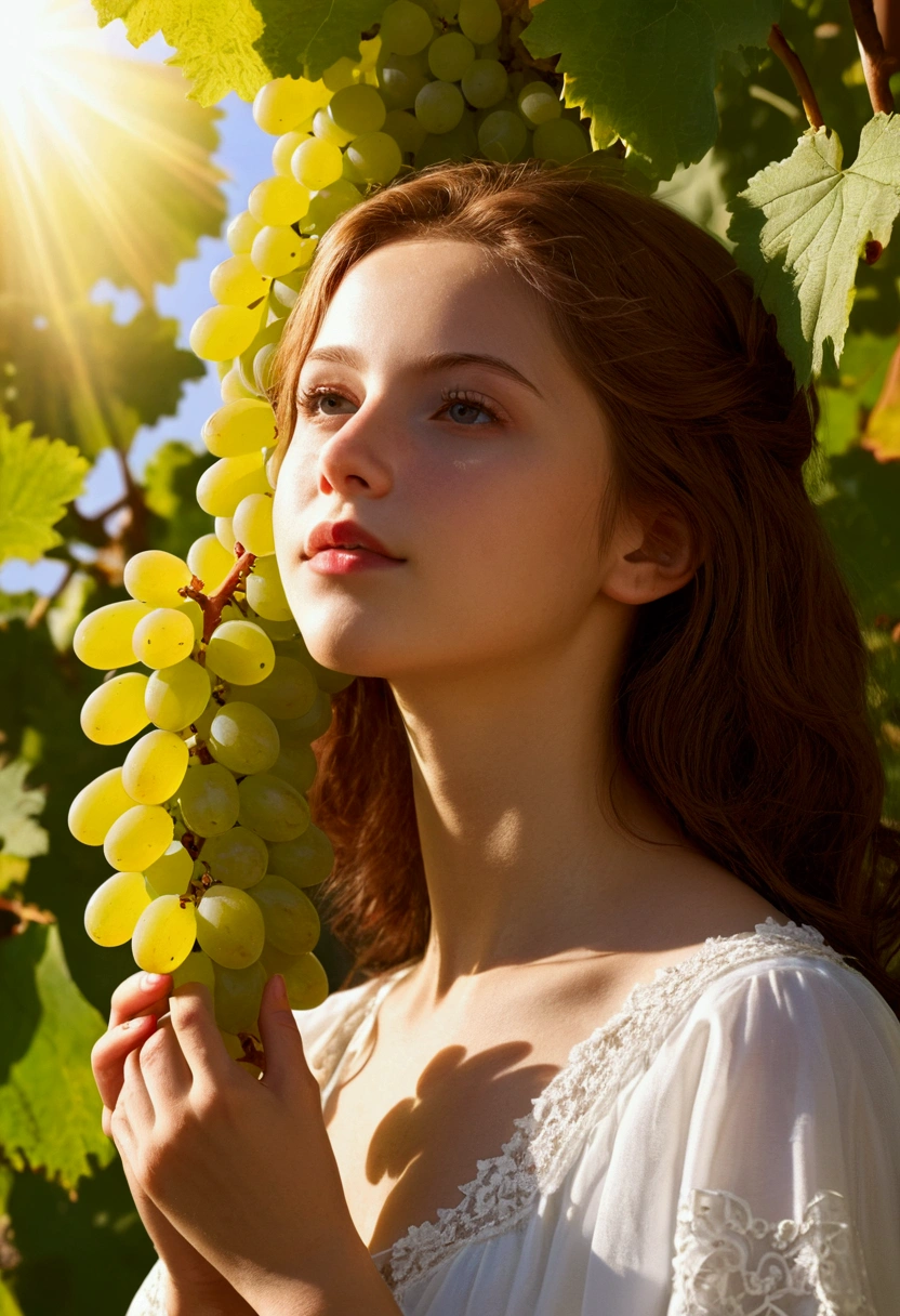 create a picture of a girl, brightly sanctified by the sun collects grapes