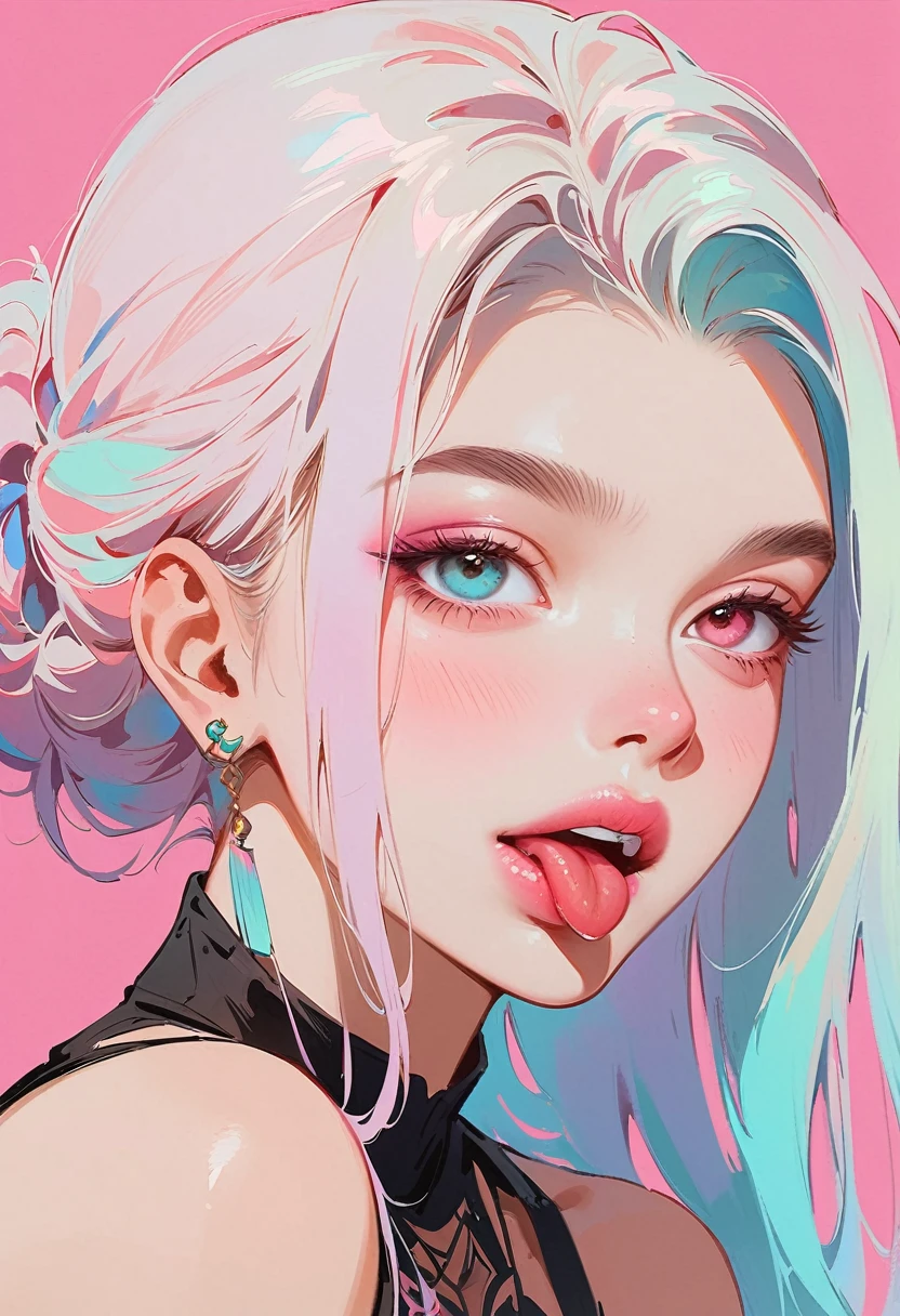 (masterpiece, best quality:1.2), 1 girl, 独奏, Anime style, Heterochromia, Laughing, lips pink, Stick out your tongue, Cyberpunk style makeup, Different color double ponytail hairstyle, Long bangs on one side, Purple and pink background.