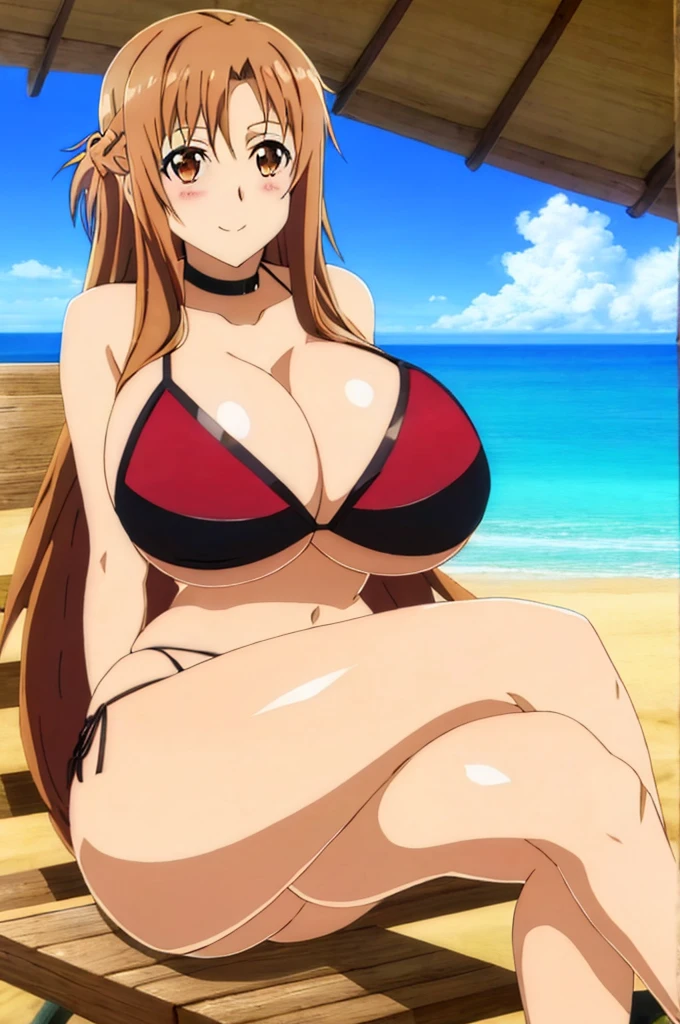 asuna, solo, long_hair, brown hair, crown, breasts, looking_at_viewer, blushed smile, large_breasts, cleavage, bare_shoulders, sitting, very_long_hair, brown_eyes, collarbone, choker, crossed_legs, black underwear, from_below, breasts, large breasts, big breasts, huge breasts, big tits, giant breasts, small bikini, bikini, bare shoulders, bare arms, beach, ocean, underboob