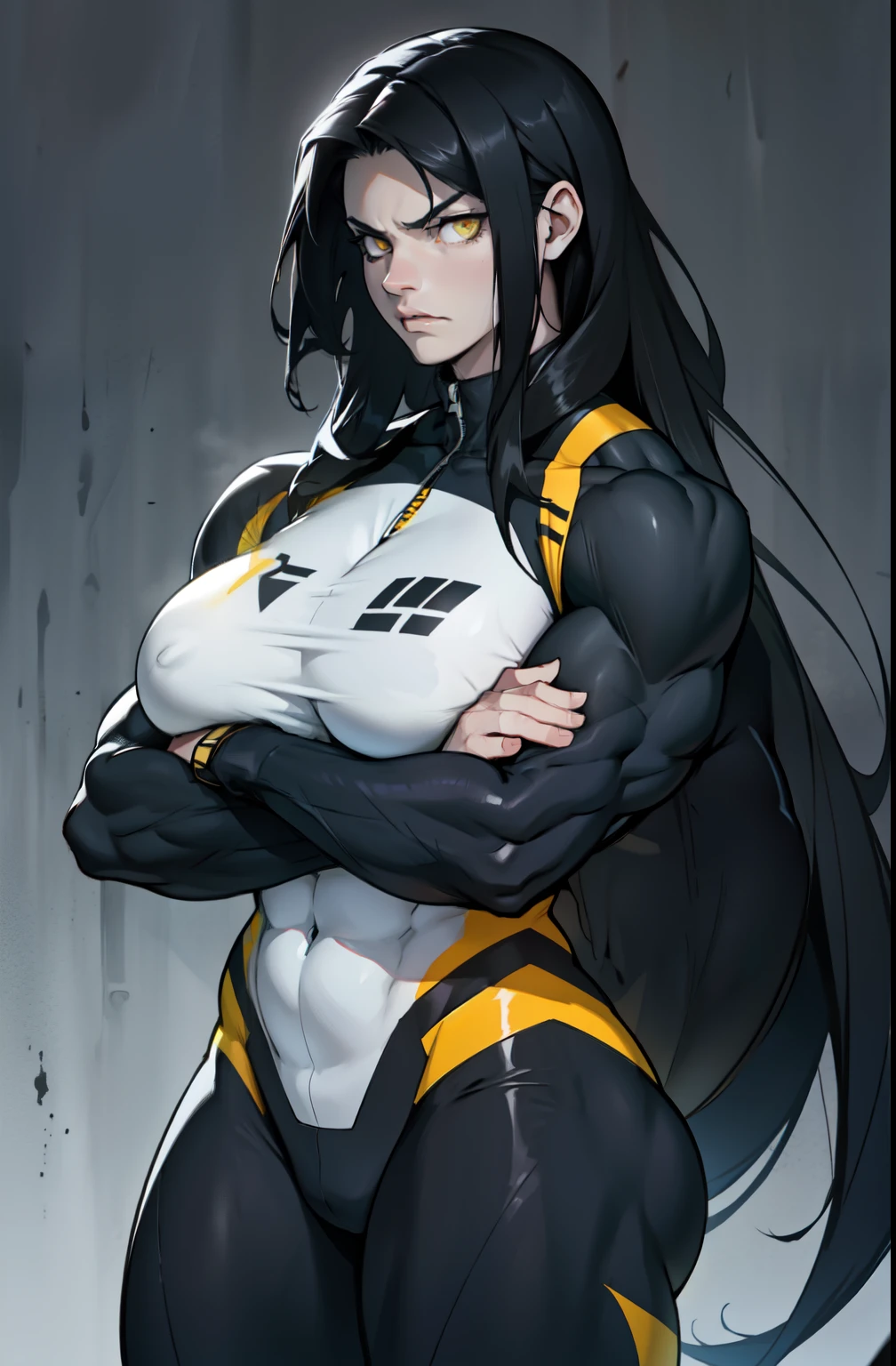 pale skin solo 1 girl black hair yellow eyes angry very long hair dark atmosphere (huge breasts huge breasts bodybuilder toned body muscular) skinsuit crossed arms