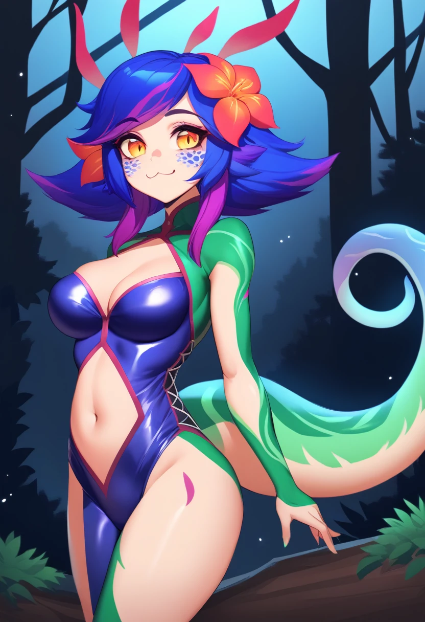 work of art, best qualityer, 1 girl, (realisitic:0.2) Neeko, colored fur, multicolored hair, hair ornament, hair flower, necklase, tummy, lizard tail, facial mark, trunk, woods, looking ahead at viewer, blue sky, incredibly tight outfit, very small clothes, tiny outfit, latex clothing, latex bodycon dress, sexly, orgasm face, :3