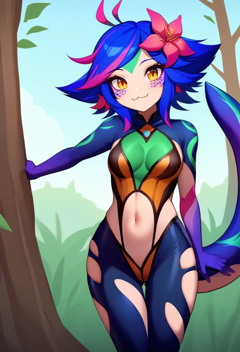 work of art, best qualityer, 1 girl, (realisitic:0.2) Neeko, colored fur, multicolored hair, hair ornament, hair flower, necklase, tummy, lizard tail, facial mark, trunk, woods, looking ahead at viewer, blue sky, incredibly tight outfit, very small clothes, tiny outfit, latex clothing, latex bodycon dress, sexly, orgasm face, :3
