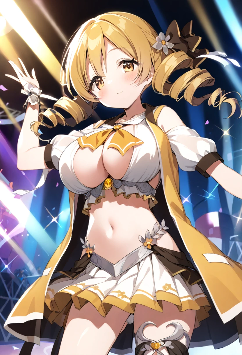 mami tomoe, blonde hair, Twin drill hair, yellow eyes, , 1girl ,live stage, Big Breasts,　school uniform solo face up