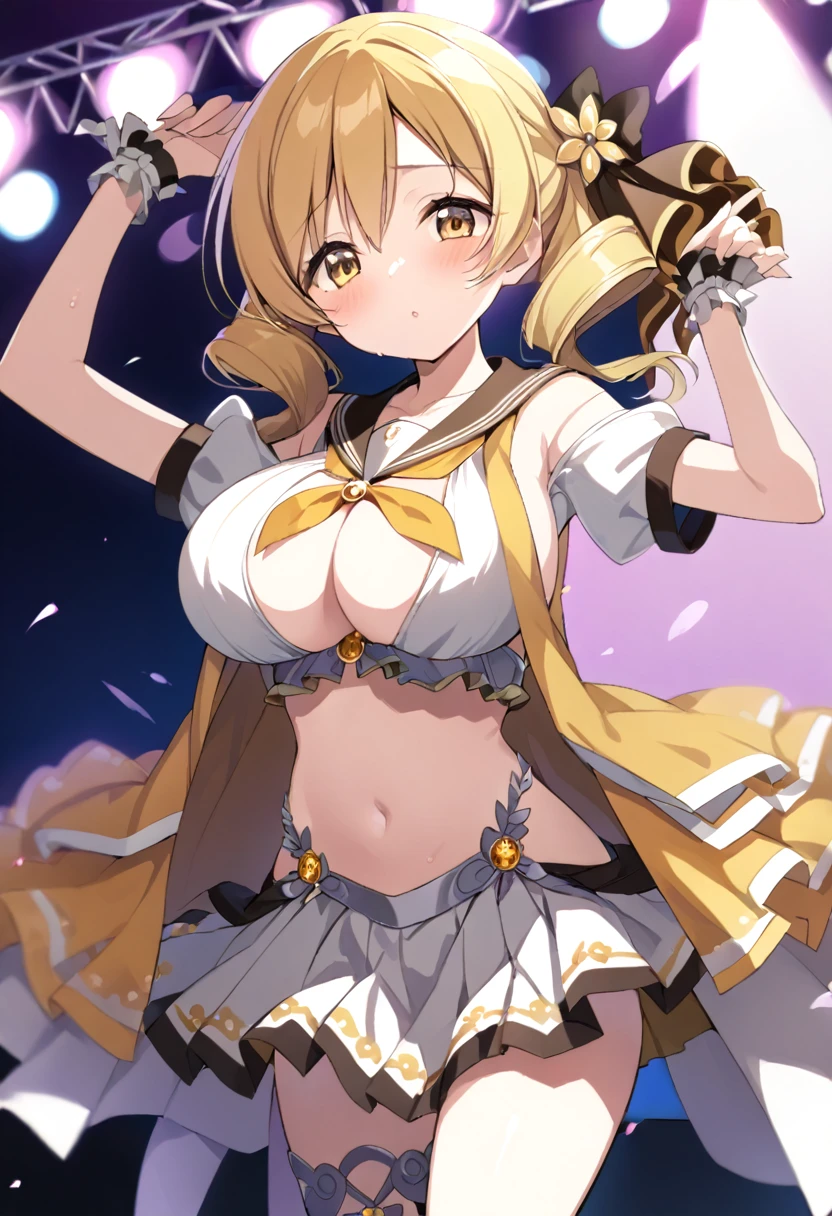 mami tomoe, blonde hair, Twin drill hair, yellow eyes, , 1girl ,live stage, Big Breasts,　school uniform solo face up