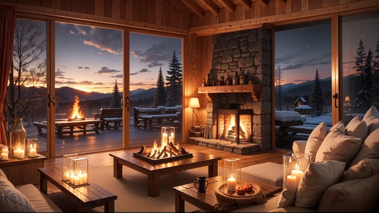 Wooden cabin living room anime background, this night outside](cozy atmosphere), (subtle lighting), bright stone fireplace fire, this best quality evening, transparent glass windows