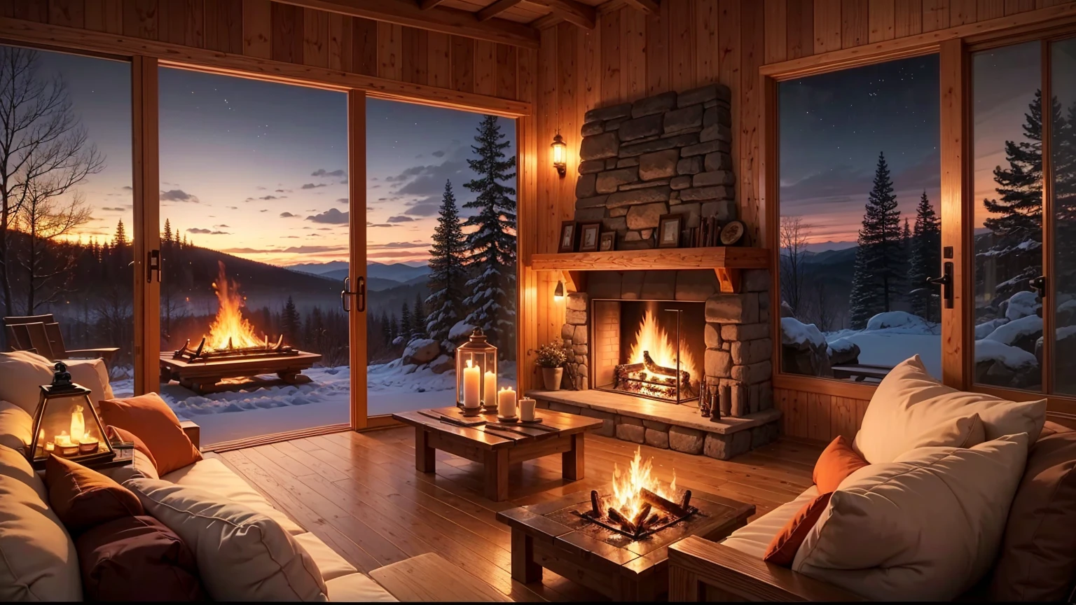 Wooden cabin living room anime background, this night outside](cozy atmosphere), (subtle lighting), bright stone fireplace fire, this best quality evening, transparent glass windows