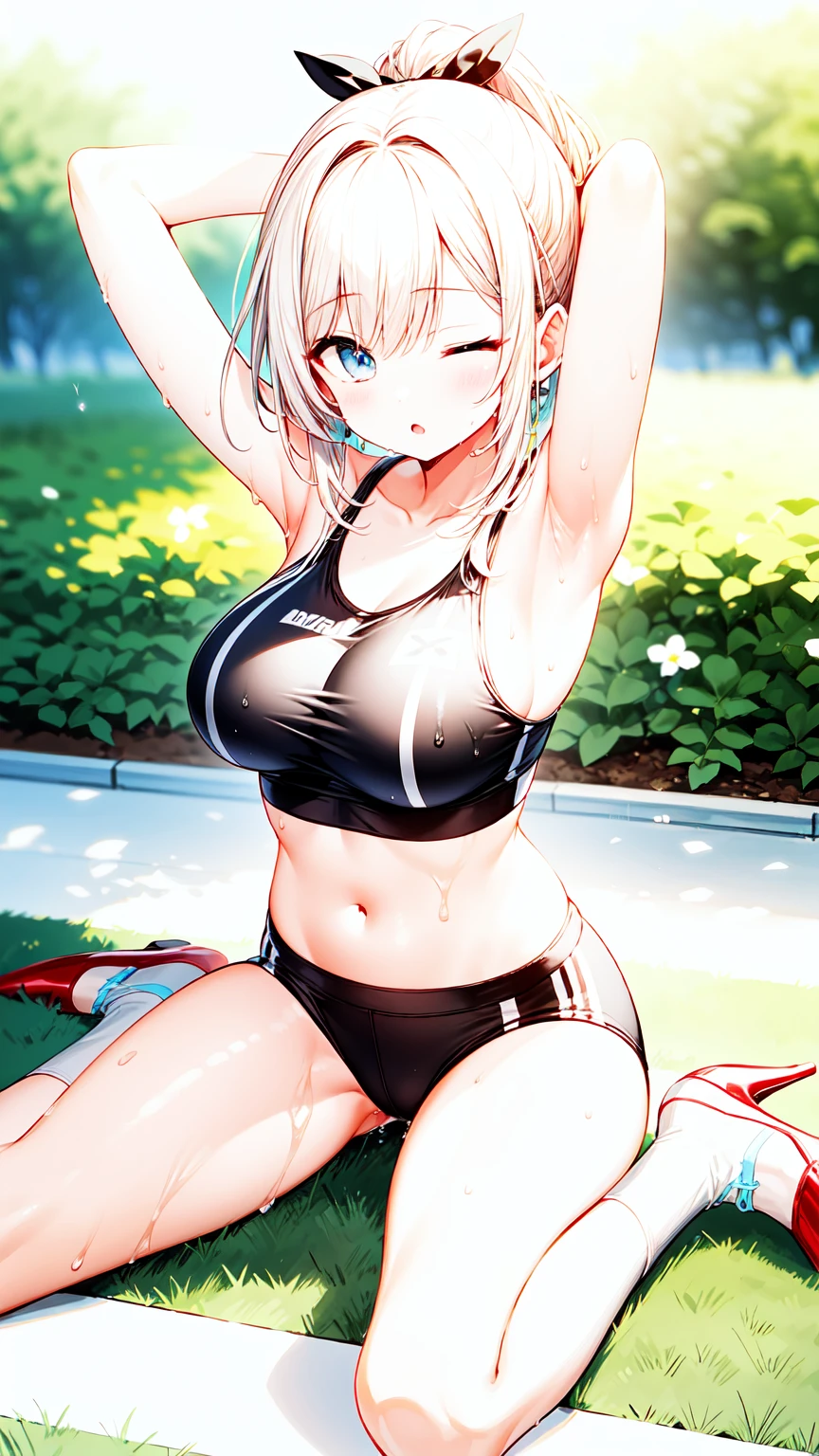 beautiful, masterpiece, best quality, extremely detailed face, perfect lighting, masterpiece, best quality, 1girl, blush, blue eyes, white hair, long hair, ponytail, buruma, sports bra, sportswears, navel, wet, sweat, ;o, one eyes closed, large breasts, arm behind head, armpits, sitting, wariza, garden, midday, looking at viewer, high heels, solo focus