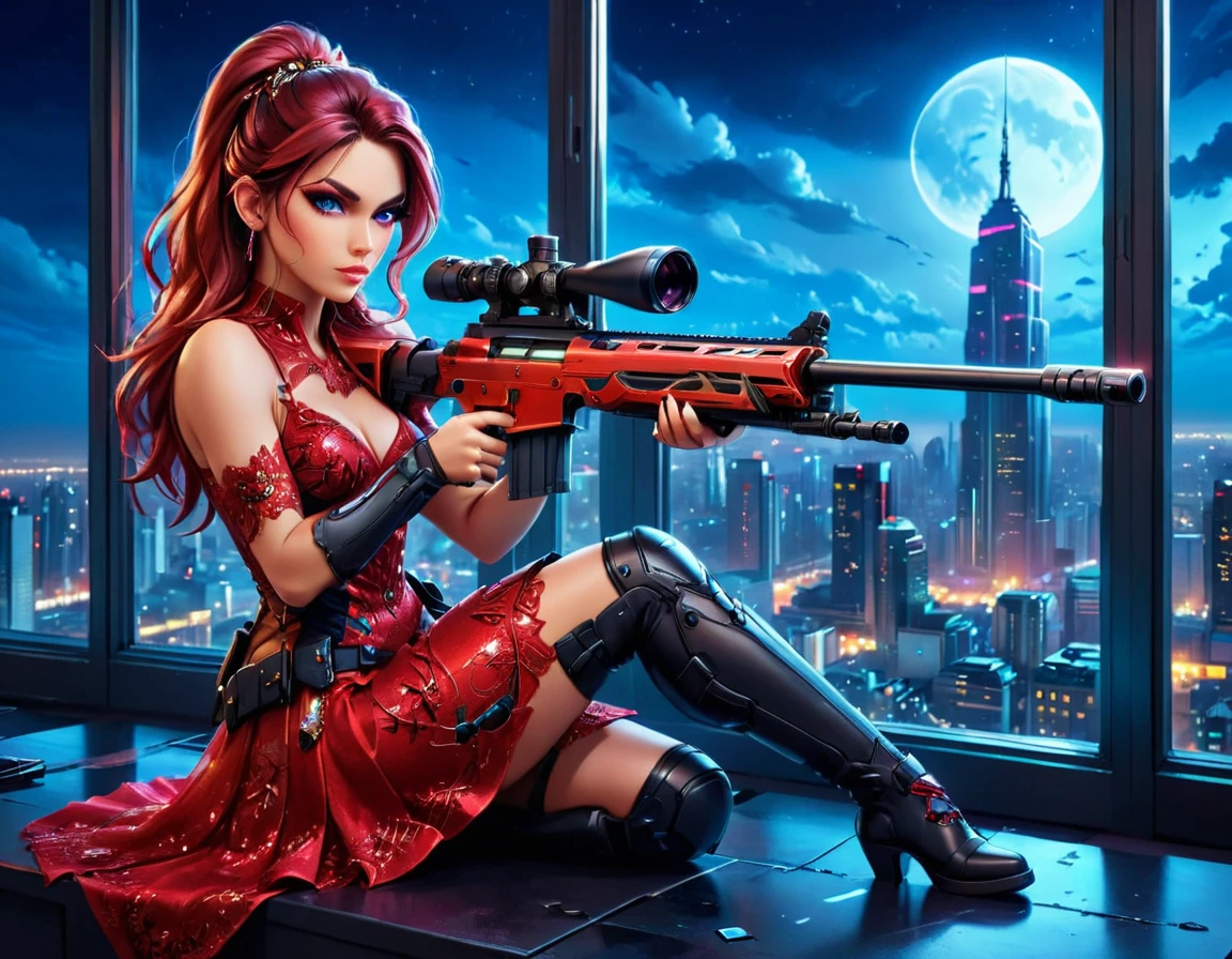 a portrait picture of a 1single woman sniper, standing in a window aiming a sniper rifle, an exotic beautiful woman sniper, dynamic hair, braided hair, full body shop, intense blue eyes, ultra detailed face, wearing (intricate lavender evening dress: 1.5), elegant dress, dynamic color, dynamic style, wearing elegant stiletto heels , behind a window in a tall building at nigh, aiming a Light Sniper Rifle , cyberpunk city background, its night time, moon rays, some clouds,  (full body shot: 1.1) , vibrant, Ultra-high resolution, High Contrast, (masterpiece:1.5), highest quality, Best aesthetics), best details, best quality, highres, ultra wide angle, 16k, [ultra detailed], masterpiece, best quality, (extremely detailed) Sniper Rifle, evening dress
