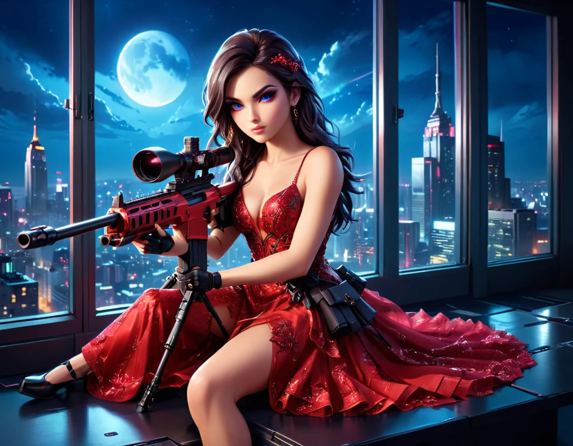 a portrait picture of a 1single woman sniper, standing in a window aiming a sniper rifle, an exotic elegant, beautiful woman sniper, dynamic hair color, braided hair, full body shop, intense blue eyes, wearing intricate glasses ultra detailed face, wearing (intricate red evening dress: 1.5), elegant dress, dynamic color, dynamic style, wearing elegant stiletto heels , behind a window in a tall building at nigh, aiming a Light Sniper Rifle , cyberpunk city background, its night time, moon rays, some clouds,  (full body shot: 1.1) , vibrant, Ultra-high resolution, High Contrast, (masterpiece:1.5), highest quality, Best aesthetics), best details, best quality, highres, ultra wide angle, 16k, [ultra detailed], masterpiece, best quality, (extremely detailed) Sniper Rifle, evening dress
