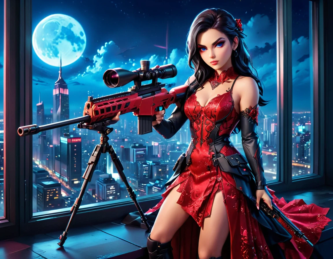 a portrait picture of a 1single woman sniper, standing in a window aiming a sniper rifle, an exotic elegant, beautiful woman sniper, dynamic hair color, braided hair, full body shop, intense blue eyes, wearing intricate glasses ultra detailed face, wearing (intricate red evening dress: 1.5), elegant dress, dynamic color, dynamic style, wearing elegant stiletto heels , behind a window in a tall building at nigh, aiming a Light Sniper Rifle , cyberpunk city background, its night time, moon rays, some clouds,  (full body shot: 1.1) , vibrant, Ultra-high resolution, High Contrast, (masterpiece:1.5), highest quality, Best aesthetics), best details, best quality, highres, ultra wide angle, 16k, [ultra detailed], masterpiece, best quality, (extremely detailed) Sniper Rifle, evening dress
