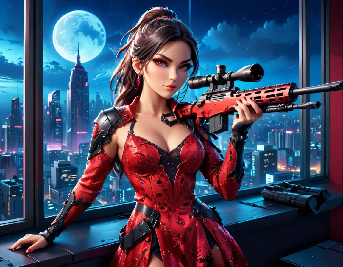a portrait picture of a 1single woman sniper, standing in a window aiming a sniper rifle, an exotic elegant, beautiful woman sniper, dynamic hair color, braided hair, full body shop, intense blue eyes, wearing intricate glasses ultra detailed face, wearing (intricate red evening dress: 1.5), elegant dress, dynamic color, dynamic style, wearing elegant stiletto heels , behind a window in a tall building at nigh, aiming a Light Sniper Rifle , cyberpunk city background, its night time, moon rays, some clouds,  (full body shot: 1.1) , vibrant, Ultra-high resolution, High Contrast, (masterpiece:1.5), highest quality, Best aesthetics), best details, best quality, highres, ultra wide angle, 16k, [ultra detailed], masterpiece, best quality, (extremely detailed) Sniper Rifle, evening dress
