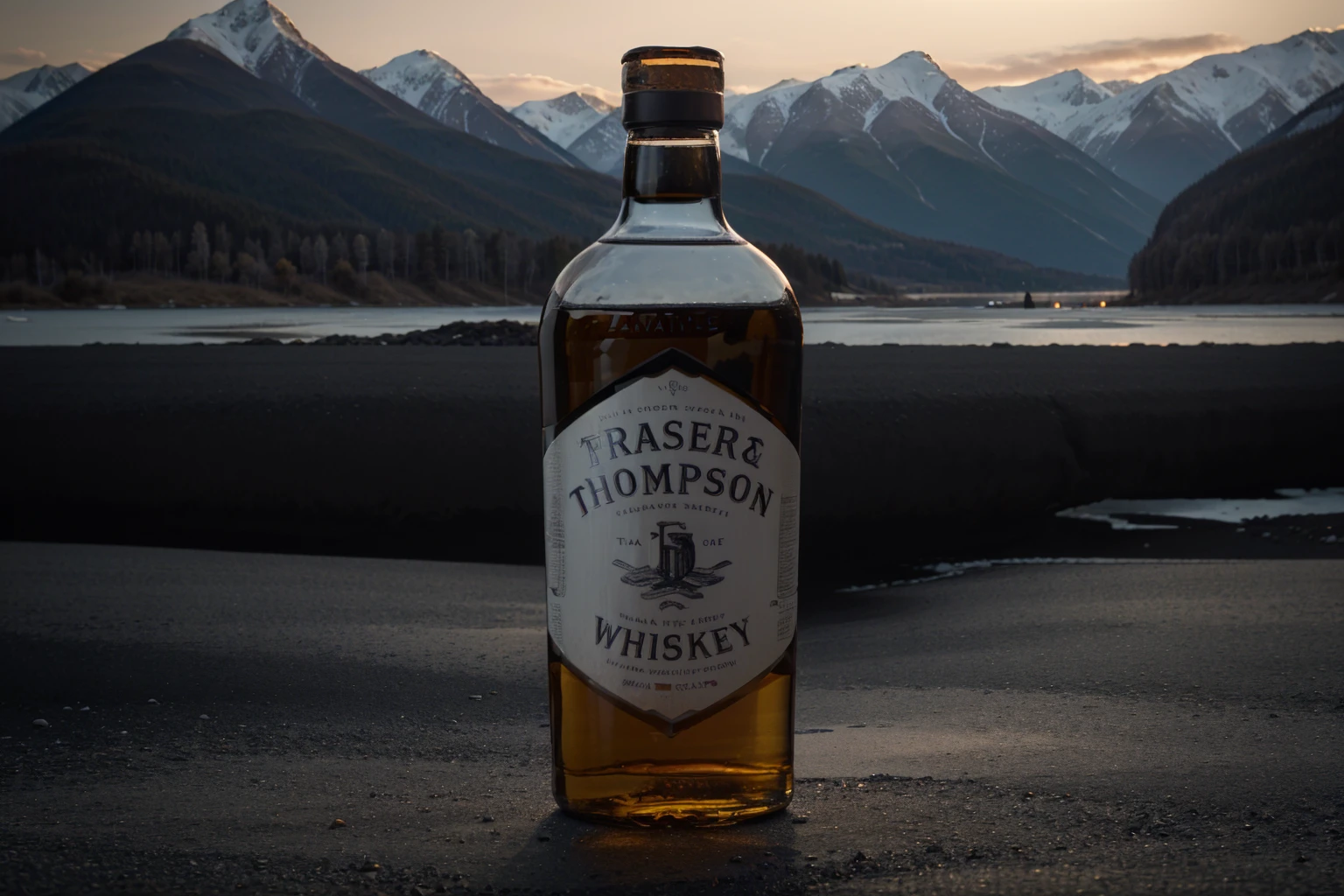 keep the bottle exactly as it is, with its black label and the color of the whisky, along with a glass of whisky and ice beside it. Change the white background to a scene of mountains and the Fraser River in Canada