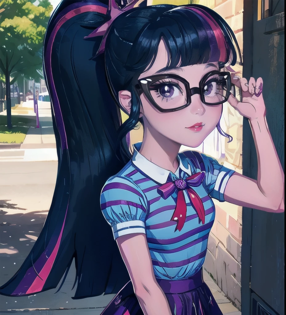 Twilight Sparkle, twilight Sparkle from my little pony, twilight Sparkle in the form of a girl,striped shirt, purple skirt with stars, pink neck bow, glasses, ponytail, street, sunshine, summer