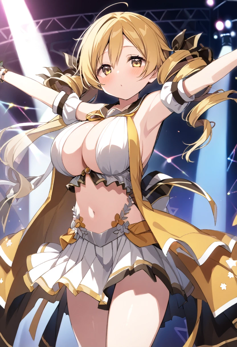 mami tomoe, blonde hair, Twin drill hair, yellow eyes, , 1girl ,live stage, Big Breasts,　school uniform solo face up