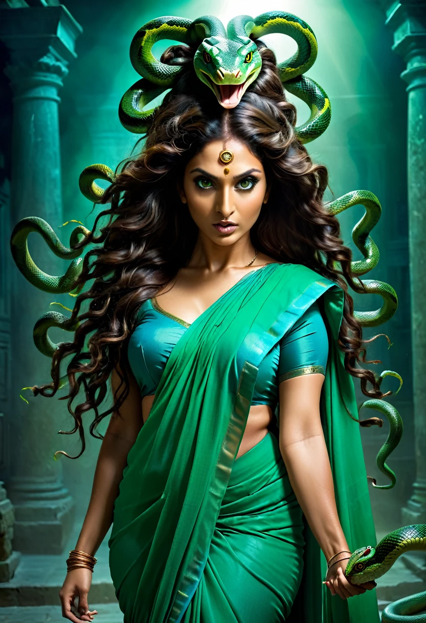(dark night scary atmosphere) (low light) (scary face) indian brunette woman in a green saree with a snake head, brunette body, beautiful female gorgon, young woman as medusa, fierce medusa, beautiful woman, goddess of greek mythology, eyes are firing, female medusa long hair, earth goddess mythology, cinematic goddess body shot, night blue ambience, long flowing medusa hair, medusa