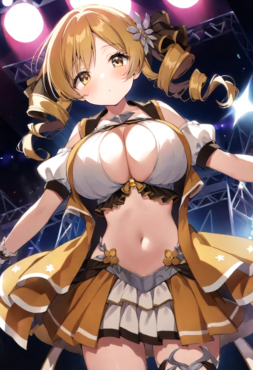 mami tomoe, blonde hair, Twin drill hair, yellow eyes, , 1girl ,live stage, Big Breasts,　school uniform solo face up