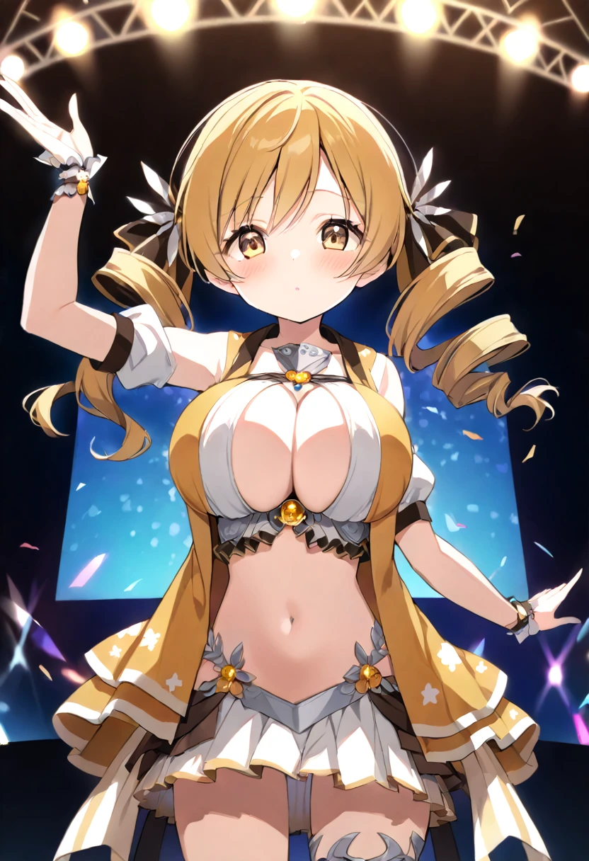 mami tomoe, blonde hair, Twin drill hair, yellow eyes, , 1girl ,live stage, Big Breasts,　school uniform solo face up