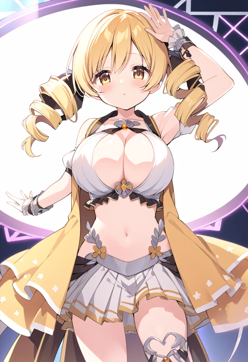 mami tomoe, blonde hair, Twin drill hair, yellow eyes, , 1girl ,live stage, Big Breasts,　school uniform solo face up