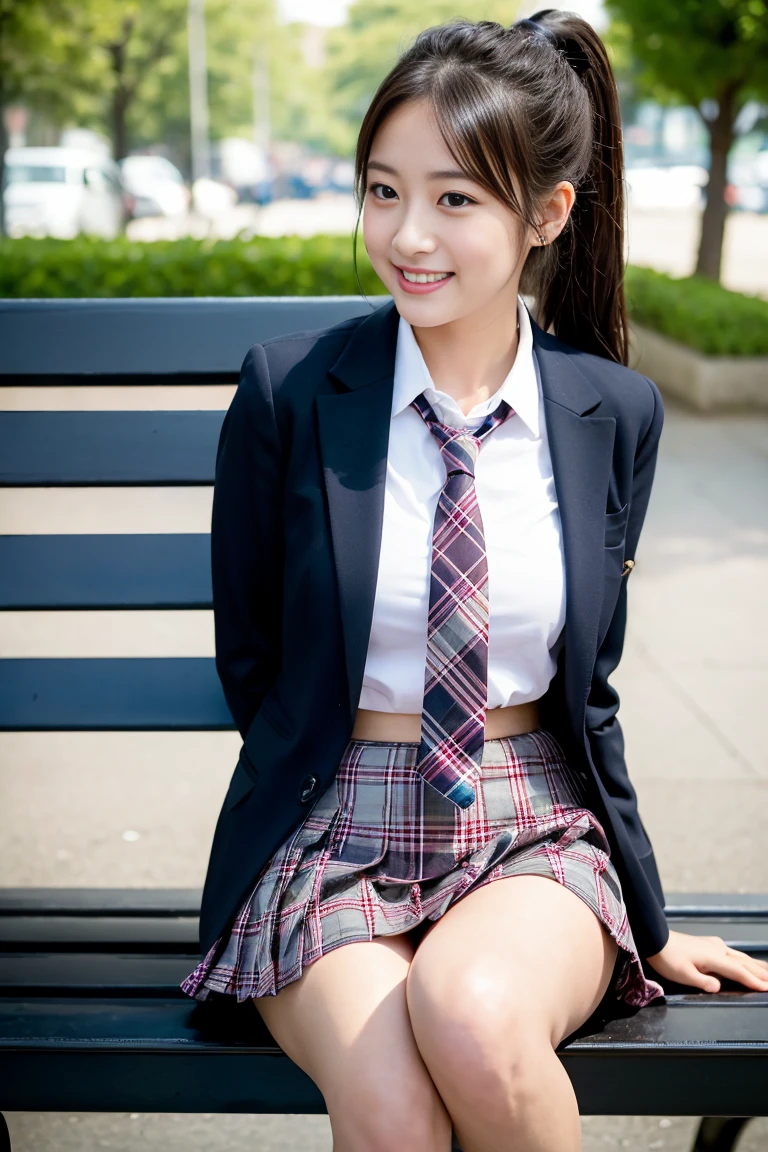 (8k), (Highest quality: 1.2), (Realistic), (Realistic: 1.37), Ultra-high resolution, 1 girl, cute, (A shy smile:1.2), (blush:1.4),Mouth closed, Beautiful details, Beautiful Nose, ponytail, Giant Dulcefo, pork, Thighs,Navel exposed,University uniform,A simple blazer,Pleated skirt,(The skirt and tie are tartan checked..:1.3),Platform boots, (sitting on a park bench:1.2),(Shiny Thighs:1.2), Medium Shot