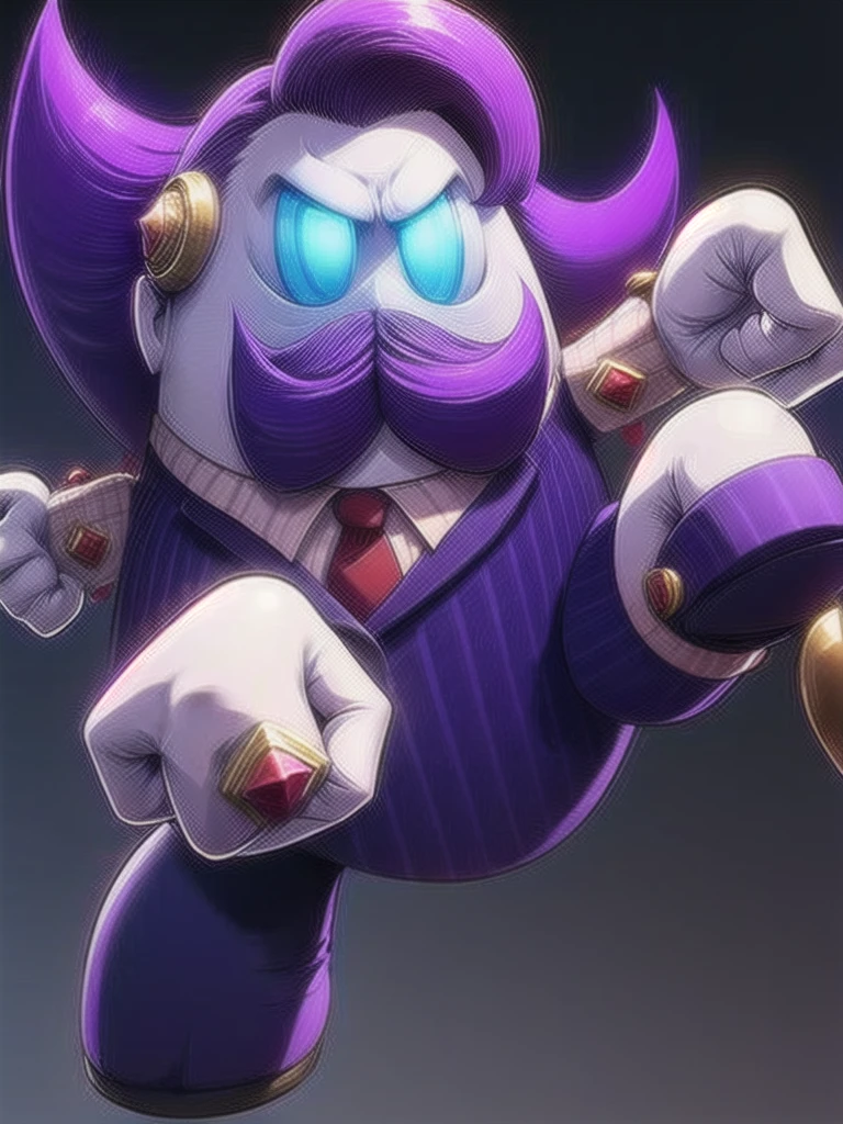  haltmann, purple hair, purple mustache, arms, wearing a dark blue suit with pink vertical lining, pink shirt, red tie, black shoes, gold suit button with a red diamond, pale purple gloves, pink cuffs, pale purple skin, blue eyes, golden earpiece with antenna